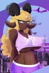 anthro big_breasts blonde_hair breasts brown_body brown_fur clothed clothing crop_top female fur green_eyes hair horizontal_pupils horn looking_at_viewer midriff nipple_outline pupils purple_clothing shirt smile solo spots text topwear under_boob vaporwave radvengence arwa_(radvengence) bovid caprine goat mammal digital_media_(artwork) hi_res japanese_text gynomorph_(lore)