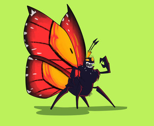 3_fingers 4_legs ambiguous_gender antennae_(anatomy) black_antennae black_body crown eyespots fingers green_background hand_in_hip headgear insect_wings markings monotone_background monotone_body multicolored_wings no_sclera open_mouth orange_wings pupils quadruped ruff side_view simple_background small_pupils smile solo standing teeth wings yellow_eyes stellantiswake disney hoppers_(disney) pixar titus_(hoppers) arthropod butterfly insect lepidopteran monarch_butterfly taur 2026 digital_media_(artwork) hi_res