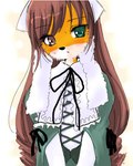 anthro black_nose blush brown_eyebrows brown_eyes brown_hair clothed clothing dress eyebrows female fur green_eyes hair heterochromia multicolored_body multicolored_fur orange_body orange_fur parody simple_background solo white_background unknown_artist rozen_maiden furseiseki_(character) canid canine fox mammal