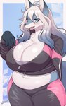 2023 5:8 5_fingers absurd_res anthro arumo big_breasts blue_body blue_eyes blush breasts canid clothing eyebrows female fingers hair hi_res mammal midriff navel open_mouth overweight overweight_anthro overweight_female simple_background smile solo white_body white_eyebrows white_hair zipper