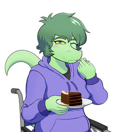 anthro bangs black_clothing black_shirt black_topwear blush blush_lines cake clothed clothed_anthro clothed_female clothing dessert disability eating eyelashes female fingers food fork_in_mouth freckled_face freckles front_view green_body green_hair grey_eyes hair half-closed_eyes holding_object holding_plate hoodie humanoid_hands long_eyelashes looking_at_viewer narrowed_eyes one_eye_closed paraplegic plate purple_clothing purple_hoodie purple_topwear shirt short_hair simple_background sitting smile solo tail topwear vehicle wheelchair white_background yellow_sclera big_daddy_(artist) cavemanon_studios i_wani_hug_that_gator olivia_halford baryonyx dinosaur prehistoric_species reptile saurischian scalie spinosaurid theropod colored half-length_portrait hi_res portrait shaded