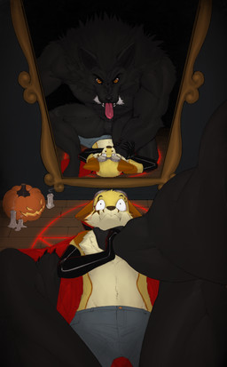 anthro black_body black_fur bottomwear claws clothed clothing duo eyewear fur glasses jack-o'-lantern latex latex_clothing magic_user male male/male mirror occult_symbol pants pentagram pinning_down size_difference summoning summoning_circle symbol tongue tongue_out d4emon2 mythology malendraco_azrael canid canine fox mammal mythological_canine mythological_creature werecanid werecanine werecreature werewolf absurd_res hi_res