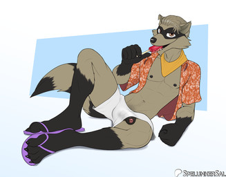 abs aloha_shirt anthro bottomwear brown_eyes bulge claws clothing darkened_genitalia darkened_penis detailed_bulge feet food footwear foreskin fur genital_outline genitals glans grey_body grey_fur half-closed_eyes humanoid_genitalia humanoid_penis kerchief licking_popsicle looking_at_viewer lying male male/male markings mask narrowed_eyes neckerchief neckwear nipples pattern_clothing pattern_shirt pattern_topwear pecs penis penis_outline penis_poking_out popsicle ring_(marking) ringed_tail sandals shirt shoes shorts simple_background smile smiling_at_viewer solo striped_markings striped_tail stripes tail tail_markings toes tongue topwear spelunker_sal sly_cooper_(series) sony_corporation sony_interactive_entertainment sucker_punch_productions tennessee_kid_cooper mammal procyonid raccoon 2025