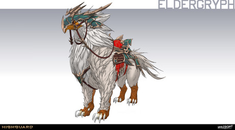 4_toes ambiguous_feral ambiguous_gender armor beak beak_closed blue_helmet claws company_name feathers feet feral gradient_background green_eyes headgear helmet horn horned_helmet light mouth_closed multicolored_body neck_tuft orange_beak quadruped reins saddle simple_background solo standing tail text three-quarter_view toe_claws toes tuft white_body white_claws white_feathers white_tail white_tail_feathers nicholas_patrick_kelana highguard_(game) avian bird eldergryph 2026 absurd_res colored concept_art digital_drawing_(artwork) digital_media_(artwork) english_description english_text hi_res lighting official_art shaded