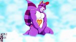 anthro closed_smile clothing featureless_chest fluffy fluffy_tail fur fur_markings fur_tuft hat hat_only head_tuft headgear headgear_only headwear headwear_only heart_symbol kneeling male markings mostly_nude mouth_closed muscular muscular_anthro muscular_male narrowed_eyes purple_body purple_fur smile solo striped_markings striped_tail stripes tail tail_markings tuft white_body white_fur yellow_clothing yellow_hat yellow_headwear fabfelipe american_greetings care_bear_cousins care_bears bright_heart_raccoon mammal procyonid raccoon 2013 digital_drawing_(artwork) digital_media_(artwork)