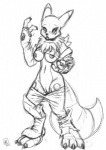 2012 anthro armwear bandai_namco black_and_white black_sclera breasts bridal_gauntlets canid canine clothing cover cover_art cover_page digimon digimon_(species) female genitals mammal monochrome nipples open_mouth pussy renamon s-nina solo surprise torn_clothing