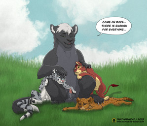 animal_genitalia balls bodily_fluids claws dialogue ears_up feral fur genital_fluids genitals grass group hair male male/male markings melanistic paws penile_spines penis plant precum sheath sky speech_bubble spots spotted_markings tail teeth text young thathornycat felid leopard lion mammal pantherine absurd_res colored english_text hi_res sketch