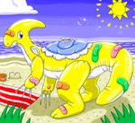 ambiguous_gender band-aid bandage beach claws feral grass inflatable plant sea solo sun towel water mimill3 animate_inanimate dinosaur living_inflatable living_pool_toy prehistoric_species reptile scalie hi_res