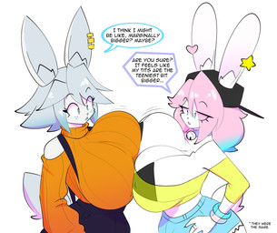 anthro argument bell bell_collar big_breasts blue_eyes bouncing_breasts breast_implants breast_squish breasts breasts_frottage cleavage clothed clothed_female clothing collar comparing comparing_breasts conflict cotton_tail curvy_figure duo ear_clip ear_piercing female female/female freckles hair hair_over_eye hand_on_hip hat headgear headwear huge_breasts jiggling nipple_outline one_eye_obstructed piercing pink_hair simple_background speech_bubble squish sweater text topwear voluptuous voluptuous_female white_background theycallhimcake pb_(theycallhimcake) tristan_(bluebunboi) lagomorph leporid mallkin mammal rabbit 2022 english_text hi_res busty_boy_(lore) male_(lore)