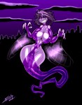 breasts clothing female genitals looking_at_viewer nipples purple_background pussy sharp_teeth simple_background solo teeth translucent translucent_clothing saliant sapphire_night ghost humanoid spirit absurd_res hi_res