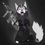 5_fingers angry anthro black_nose braided_hair clothed clothing fingers fur gun hair holding_gun holding_object holding_ranged_weapon holding_weapon looking_at_viewer male open_mouth purple_hair ranged_weapon scar-l solo teeth tongue weapon white_body white_fur neylatl kai_(blehhello) canid canine canis mammal wolf kai_(disambiguation) 1:1 2020 digital_media_(artwork)