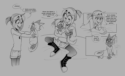 adolescent anthro bodily_fluids boots bottomwear carrying_another clothed clothing duo exclamation_point fangs female female_adolescent footwear fur hair half-closed_eyes hand_on_belly happy holding_another jewelry key looking_at_another male narrowed_eyes necklace nervous pregnant pregnant_anthro pregnant_male question_mark sharp_teeth shirt shoes shorts sitting smile speech_bubble standing sweat t-shirt tank_top teeth text thought_bubble tongue topwear young young_female young_human viat_on bunnicula_(series) chester_(bunnicula) mina_monroe domestic_cat felid feline felis human mammal siamese_cat 2026 digital_media_(artwork) hi_res monochrome spanish_text translated