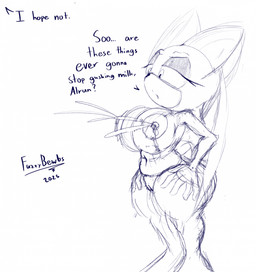 anthro areola big_areola big_breasts bodily_fluids breasts dialogue female genitals hand_on_hip lactating leaking_milk milk navel nipples offscreen_character shortstack shortstack_female simple_background solo talking_to_another text vulva white_background wings fuzzybewbs sega sonic_the_hedgehog_(series) alrun_(fuzzybewbs) rouge_the_bat bat mammal 2025 blue_and_white english_description english_text hi_res monochrome sketch