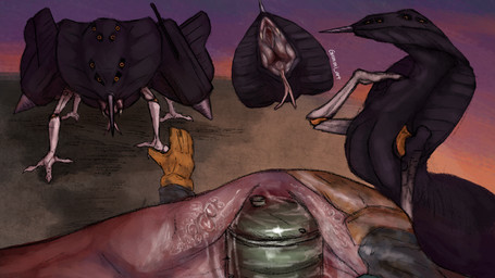8_eyes aircraft airplane ambiguous_gender anthro barrel bodily_fluids clothing duo fangs fangs_bared feet female feral first_person_view flat_chested forked_tongue gloves handwear inside_stomach jet machine mouth_shot multi_eye neck_bulge open_mouth saliva size_difference snake_hood sunset talon_hands talons teeth toes tongue vehicle vore wide_hips gummi_art living_aircraft living_machine living_vehicle 16:9 digital_drawing_(artwork) digital_media_(artwork) digital_painting_(artwork) hi_res multiple_scenes painting_(artwork) widescreen