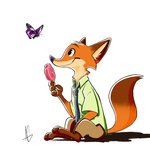 anthro barefoot bottomwear cheek_tuft clothing duo facial_tuft feet feral food fur head_tuft holding_food holding_object inner_ear_fluff neck_tuft necktie orange_body orange_fur pants pawpsicle popsicle purple_body shirt simple_background sitting smile topwear tuft white_background missashleyng disney zootopia nick_wilde arthropod butterfly canid canine fox insect lepidopteran mammal red_fox true_fox 1:1 2020 hi_res