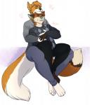 anthro bottomwear clothing cuddling duo fur hair heart_symbol male male/male neon pants simple_background sitting slightly_chubby smile sweater topwear white_background redpixie nate_(foxboots) sesh canid canine fox mammal hi_res