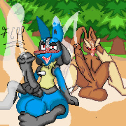 animal_genitalia animal_penis balls big_balls big_penis bodily_fluids cum cum_on_face duo equine_genitalia equine_penis genital_fluids genitals gynomorph huge_balls huge_penis hyper hyper_balls hyper_genitalia intersex male masturbation penis furrito_calientehot nintendo pokemon generation_4_pokemon humanoid lopunny lucario pokemon_(species) 1:1 hi_res