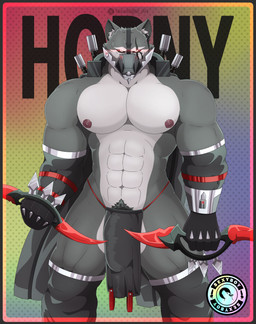 anthro big_bulge biped blade border bottomwear bulge cape clothed clothing detailed_bulge genital_outline grey_border loincloth male male_anthro muscular muzzle_(object) penis_outline solo weapon mondlight mihoyo zenless_zone_zero romeul_(zenless_zone_zero) canid canine canis mammal wolf absurd_res hi_res