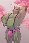 anthro armpit_hair body_hair briefs bulge cherry_blossom clothing eyebrows facial_hair hairy hand_behind_head hi_res male mammal musclegut muscular muscular_anthro muscular_male nipples pink_clothing pink_nipples pink_nose pink_underwear plant solo suid suina sus_(pig) suspenders thick_eyebrows thick_thighs tsukigata_rossi underwear wild_boar