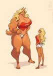 2022 abs anthro baywatch big_breasts blonde_hair bottomwear breasts canid canine claws cleavage clothed clothing conditional_dnp cutoffs daisy_dukes denim denim_bottomwear denim_clothing duo empty_eyes female fur hair hotpants human jollyjack looking_at_another mammal muscular muscular_anthro muscular_arms muscular_female muscular_legs mythological_canine mythological_creature mythology shorts simple_background size_difference tan_background tan_body tan_fur torn_clothing were werecanid werecanine werewolf white_eyes