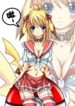 absolute_territory alternate_species blonde_hair blowup_background blue_eyes bottomwear breasts cleavage clothed clothing collar dimple female fur hair humanoidized legwear midriff pokeball pokemorph ribbons shirt simple_background skimpy skirt solo standard_pokeball tail thigh_highs tied_shirt topwear uniform white_background yellow_body yellow_fur zoom_layer unknown_artist nintendo pokemon animal_humanoid generation_1_pokemon humanoid mammal pikachu pokemon_(species) pokemon_humanoid rodent compression_artifacts low_res