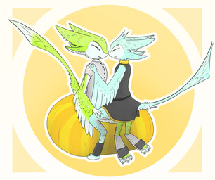 4_ears ambiguous_gender anthro blue_body duo feathered_tail feathered_wings feathers green_body long_tail multi_ear tail wings zav-ki naako_piki_(dimlim) avali avian absurd_res hi_res