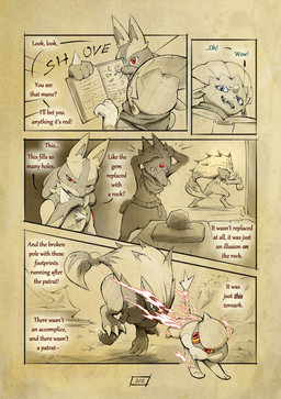 anthro arm_scar biped blue_eyes book chest_spike claws dialogue duo eyelashes female fur green_eyes hair inside male page_number red_eyes red_tattoo scar spikes spikes_(anatomy) tattoo text truescorn nintendo pokemon pokemon_mystery_dungeon spike_chunsoft asche_(truescorn) clarity_(truescorn) generation_4_pokemon generation_5_pokemon lucario pokemon_(species) zoroark 2026 absurd_res colored comic english_text hi_res huge_filesize