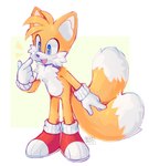 abstract_background anthro clothing dipstick_tail footwear fur gloves handwear male markings orange_body orange_fur shoes smile solo tail tail_markings spacemvtt sega sonic_the_hedgehog_(series) miles_prower canid canine fox mammal absurd_res hi_res