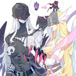 breasts claws clothed clothing duo feathered_wings feathers female paws simple_background speech_bubble white_background wings zocehuy bandai_namco digimon angemon digimon_(species) humanoid ladydevimon hi_res pictographics