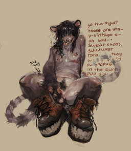 andromorph anthro bodily_fluids boots clothing dialogue drooling ear_piercing facial_piercing footwear footwear_only genital_fluids hair hair_over_eyes intersex markings mastectomy_scar masturbation mostly_nude nipple_piercing nipples nose_piercing nose_ring piercing pubes ring_piercing saliva scar septum_piercing shoes shoes_only solo striped_markings striped_tail stripes tail tail_markings tongue tongue_out tongue_piercing vaginal_fluids mourph bren_(mourph) american_opossum mammal marsupial hi_res