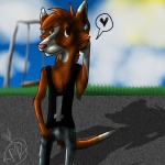 anthro clothed clothing cloud ear_piercing gauged_ear grass heart_symbol male outside piercing plant sky solo swing tail vampire-goat canid canine canis domestic_dog ibizan_hound mammal primitive_dog primitive_hunting_dog 1:1 hi_res