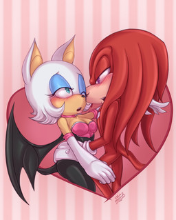 anthro bat_wings biped black_nose blue_eyeshadow blush blush_lines breasts choker cleavage clothed clothing duo eyelashes eyeshadow female gloves hair handwear heart_symbol holidays hug jewelry lidded_eyes lipstick makeup male male/female membrane_(anatomy) membranous_wings necklace one_eye_closed pattern_background pink_lipstick red_body simple_background skinsuit striped_background tail tan_body tan_skin teal_eyes tight_clothing white_clothing white_gloves white_hair white_handwear wings divasaorin sega sonic_the_hedgehog_(series) valentine's_day knuckles_the_echidna rouge_the_bat bat echidna mammal monotreme hi_res signature