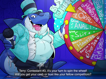 animal_genitalia anthro belly blue_body bodily_fluids bottomwear clothed clothing cum cum_in_ass cum_in_slit cum_inside cum_on_face cum_on_hand electronics game_show genital_fluids genital_slit genitals hat headgear headwear looking_at_viewer male microphone navel nipples overweight overweight_male pants partially_clothed sharp_teeth shirt simple_background solo tail teeth text topwear leothelionel aquatic fish shark 4:3 english_text hi_res
