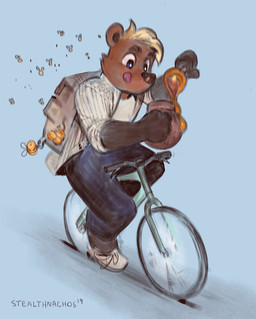 anthro backpack bicycle blonde_hair blue_eyes brown_body brown_fur clothed clothing food fur hair honey_(food) licking licking_lips licking_own_lips male self_lick simple_background solo tongue tongue_out vehicle stealthnachos arthropod bear bee hymenopteran insect mammal