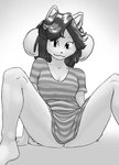 anthro bottomless breasts cleavage clothed clothing female halftone looking_at_viewer medium_breasts pattern_clothing pattern_shirt pattern_topwear shirt shirt_only simple_background sitting smile solo striped_clothing striped_shirt striped_topwear stripes topwear topwear_only white_background realius undertale undertale_(series) temmie_(undertale) canid canine canis domestic_cat domestic_dog felid feline felis hybrid mammal tem greyscale hi_res monochrome pen_(artwork) traditional_media_(artwork)