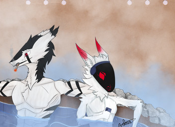 anthro bath cigarette cigarette_in_mouth duo femboy hot_spring machine male male/male muscular muscular_male object_in_mouth onsen water valenshtein spacedragon volnir protogen sergal absurd_res hi_res