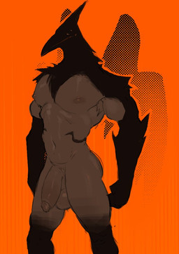 balls black_body black_fur fur genitals glans humanoid_genitalia humanoid_penis male muscular muscular_male navel nipples orange_background penis simple_background solo standing