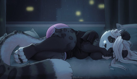 4_toes 5_fingers anthro barefoot bed bedding black_clothing black_ears black_markings black_nose black_shirt black_topwear claws clothing countershade_tail countershading curtains detailed_background eye_markings feet female fingers fluffy fluffy_tail fur furniture green_eyes grey_body grey_fur hair long_hair looking_at_viewer lying markings night on_bed on_side one_eye_closed paws pillow pink_clothing pink_underwear rain_on_window raining shirt smile solo spots tail thick_thighs toe_claws toes topwear underwear white_hair white_markings window noviraine november_(noviraine) bear felid giant_panda hybrid mammal pantherine snow_leopard 2025 digital_media_(artwork) signature trans_(lore)