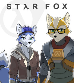 anthro blue_body blue_fur blue_hair clothing duo ears_up eyebrows eyelashes eyewear female fur glasses green_eyes hair hazmat_suit jacket looking_at_viewer male tail text topwear wearing_glasses white_body white_fur white_hair yellow_body yellow_fur chisheq half-life nintendo star_fox valve alyx_vance fox_mccloud gordon_freeman krystal_(star_fox) canid canine fox mammal hi_res
