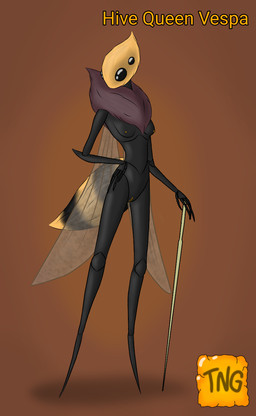 4_eyes anthro arthropod_abdomen black_body black_eyes black_fur breasts brown_body brown_fur compound_eyes female fluffy fur genitals hand_on_hip insect_wings melee_weapon multi_eye nail_(weapon) nipples nude simple_background solo text vulva weapon wings yellow_body yellow_fur the_nameless_guy hollow_knight_(franchise) team_cherry queen_vespa_(hollow_knight) arthropod bee hymenopteran insect hi_res