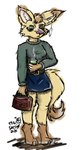 anthro belt beverage big_ears bottomwear breasts brown_hair clothing coffee digitigrade ear_piercing ear_ring eye_bags female fluffy fluffy_ears fluffy_tail fur green_eyes grumpy hair half-closed_eyes handbag head_tuft hoop_ear_ring makeup narrowed_eyes paws piercing pink_nose purse red_eyes ring ring_piercing short_hair sketchy skinny skirt small_breasts solo sweater tail tan_body tan_fur topwear tuft fendrel_smith canid canine fennec_fox fox mammal true_fox colored_sketch cross-hatching hatching_(art) shaded sketch