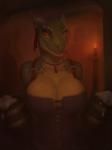 alcohol anthro beer beverage big_breasts breasts candle cleavage clothed clothing corset eyelashes female holding_beverage holding_object horn jewelry lingerie looking_at_viewer necklace non-mammal_breasts orange_eyes scales smile solo topwear neracoda microsoft the_elder_scrolls argonian lizard reptile scalie 2019 3:4 hi_res