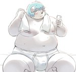 anthro barefoot black_nose blue_hair blush bodily_fluids briefs bulge camera cellphone clothed clothing electronics feet hair male monotone_briefs monotone_clothing monotone_underwear moobs navel nipples overweight overweight_male phone solo sweat tighty_whities topless towel underwear unsigned white_briefs white_clothing white_underwear sv_grart bina_(sv_grart) hi_res