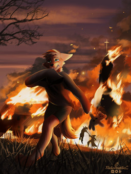 anthro bodily_fluids body_fur bottomwear brown_body brown_bottomwear brown_clothing brown_fur brown_shirt brown_shorts brown_topwear clothing cross crying death destruction execution fire fur green_eyes group hair male plushie running scared shirt short_hair shorts soft_toy tears teddy_bear topwear xleb0rezka canid canine canis fox humanoid mammal wolf 3:4 digital_media_(artwork) hi_res
