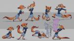 3_toes anthro barefoot claws clothing dialogue eyes_closed feet female group heart_symbol male open_mouth simple_background suit text toe_claws toes ruffu disney zootopia judy_hopps megan_fawkes nick_wilde canid canine fox lagomorph leporid mammal rabbit red_fox true_fox 2016 english_text