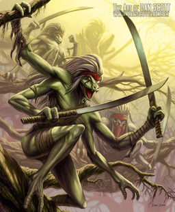 2_toes 3_toes 4_arms accessory anthro arm_wraps brown_clothing clothed clothing facial_markings feet green_body green_skin group hair head_markings headband holding_branch holding_melee_weapon holding_object holding_sword holding_weapon leg_wrap male markings mask melee_weapon multi_arm multi_limb open_mouth plant red_headband red_mask red_tongue skimpy sword text thigh_wrap toes tongue topless tree tribal weapon white_hair wraps yellow_eyes dan_scott hasbro wizards_of_the_coast humanoid orochi-bito reptile scalie snake 2015 artist_name official_art url