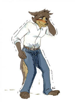 anthro anthro_peeing belt blush bodily_fluids bottomwear brown_body brown_fur clothing denim denim_bottomwear denim_clothing desperation embarrassed fur genital_fluids jeans male male_anthro male_peeing nervous nervous_smile omorashi pants pee_desperation peeing shirt simple_background solo standing sweat sweatdrop topwear urine urine_on_ground urine_on_leg urine_on_self urine_stain urine_through_clothing watersports wet wet_bottomwear wet_clothing wet_pants wetting wetting_bottomwear white_background bibarel_rei cerffou canid canine canis mammal wolf hi_res