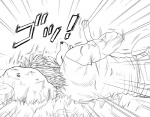 ambiguous_gender battle_wolf canid canine canis cloth duo feral fur graphite_(artwork) headbutt hug human male mammal monochrome pencil_(artwork) rock rolling_over terry_cloth toriko toriko_(series) traditional_media_(artwork) unknown_artist wolf wounded