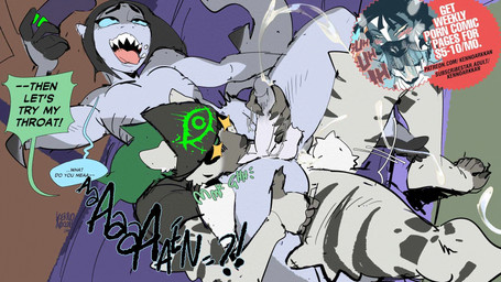2_penises advertisement anthro black_hair blue_eyes controller dialogue diphallism eyaculation genitals green_hair hair multi_genitalia multi_penis oral oral_penetration penetration penis sharp_teeth teeth text kenno_arkkan malina_miller_(huldinha) sharon_(my_life_with_fel) aquatic fish hyena mammal shark striped_hyena 2026 adversarial_noise digital_media_(artwork) hi_res