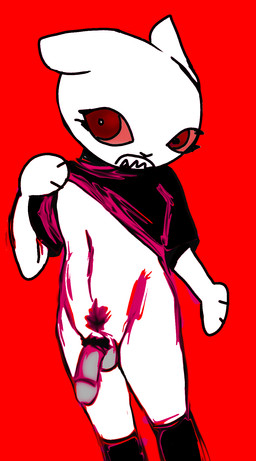accessory anthro balls black_clothing black_shirt black_topwear clothed clothing clothing_lift cock_ring flaccid fur genitals humanoid_genitalia humanoid_penis jewelry legwear male penis penis_accessory penis_jewelry red_background red_eyes sharp_teeth shirt shirt_lift simple_background solo stockings teeth timid toony topwear white_body white_fur hash-slime domestic_cat felid feline felis mammal hi_res portrait three-quarter_portrait